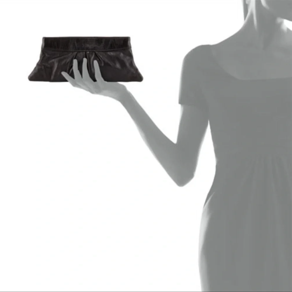 Lauren Merkin Black Shiny Faux Snakeskin Embossed Eve Leather Evening Clutch Bag